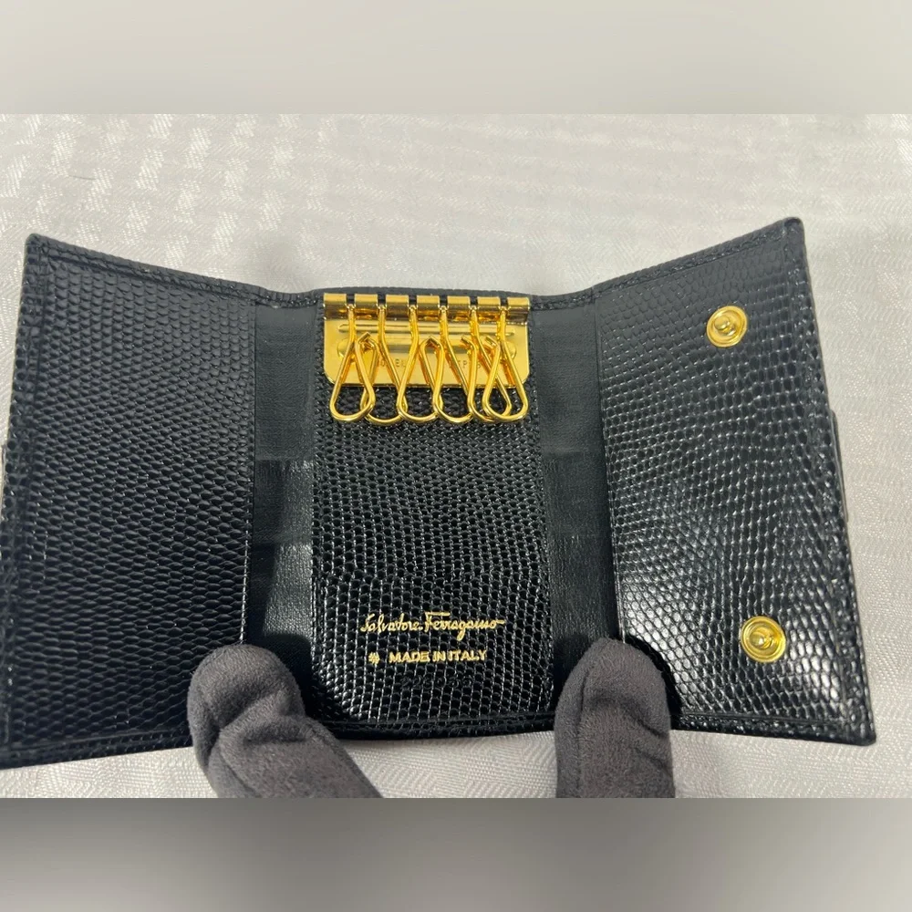 Salvatore Ferragamo Vara Black Lizard Embossed Leather Key Case